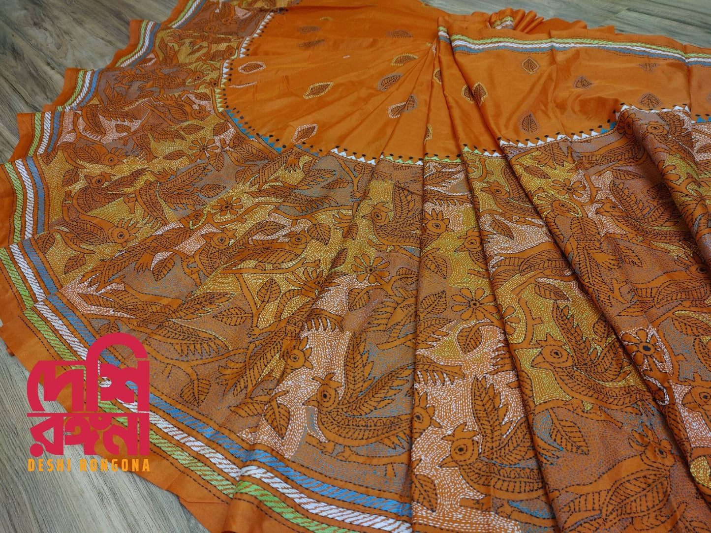 Extraordinary Hand Stiched Kantha Saree,Orange Bangalore Silk with Love Birds theme Kantha Works, running blouse piece, Elegant,Classy Saree