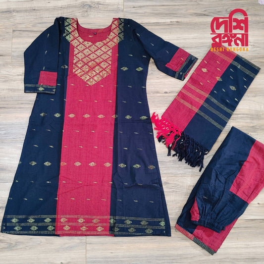 Oversize Handloom Dhakai Jamdani Cotton 3 piece, Maroon-Black Color Contrast with Golden Zari, Comfortable Summer Wear, Kamij-Dupatta-Salwar