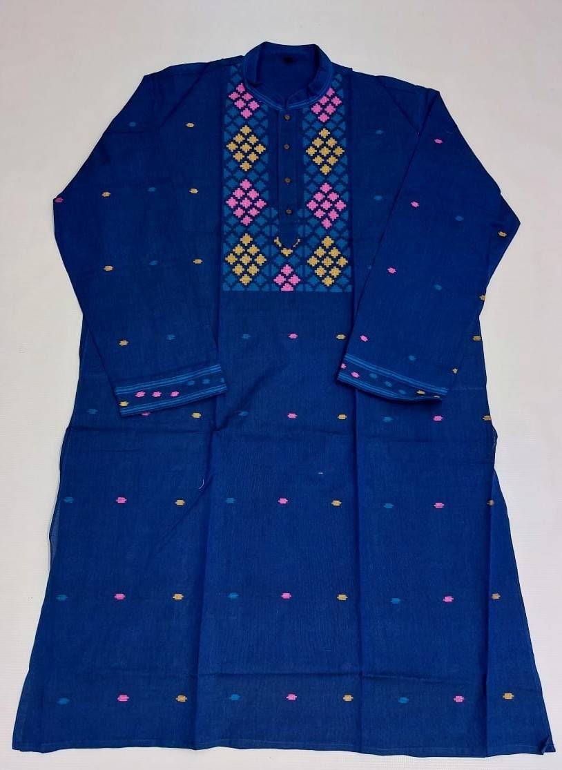 Pure Cotton Dhakai Jamdani Royal Blue Punjabi, Handloom, Comfortable, Elegant, Made in Dhaka, Bangladesh. Loose Fitting