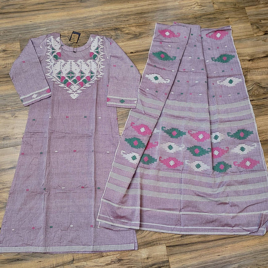 Dhakai Jamdani drees, Handloom Cotton 2 piece, Lillac with 3 color thread work, Soft, Comfortable Summer Wear. Kamij and Dupatta
