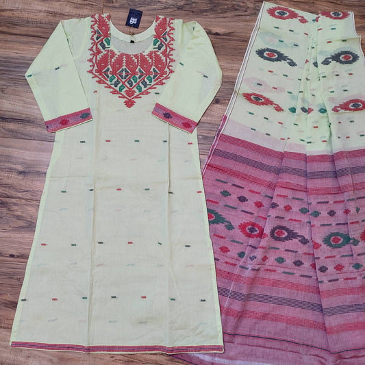 Exclusive Handloom Dhakai Jamdani Cotton 2 piece, Soft, Comfortable Summer Wear. Kamij and Dupatta