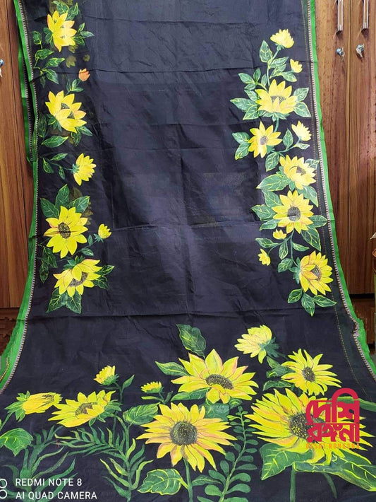 Gorgeous Sunflower Tangail Saree, Halfsilk Black Hand Painted Handloom Cotton Saree, Feel Special with this Exclusive and Rare Price of Art