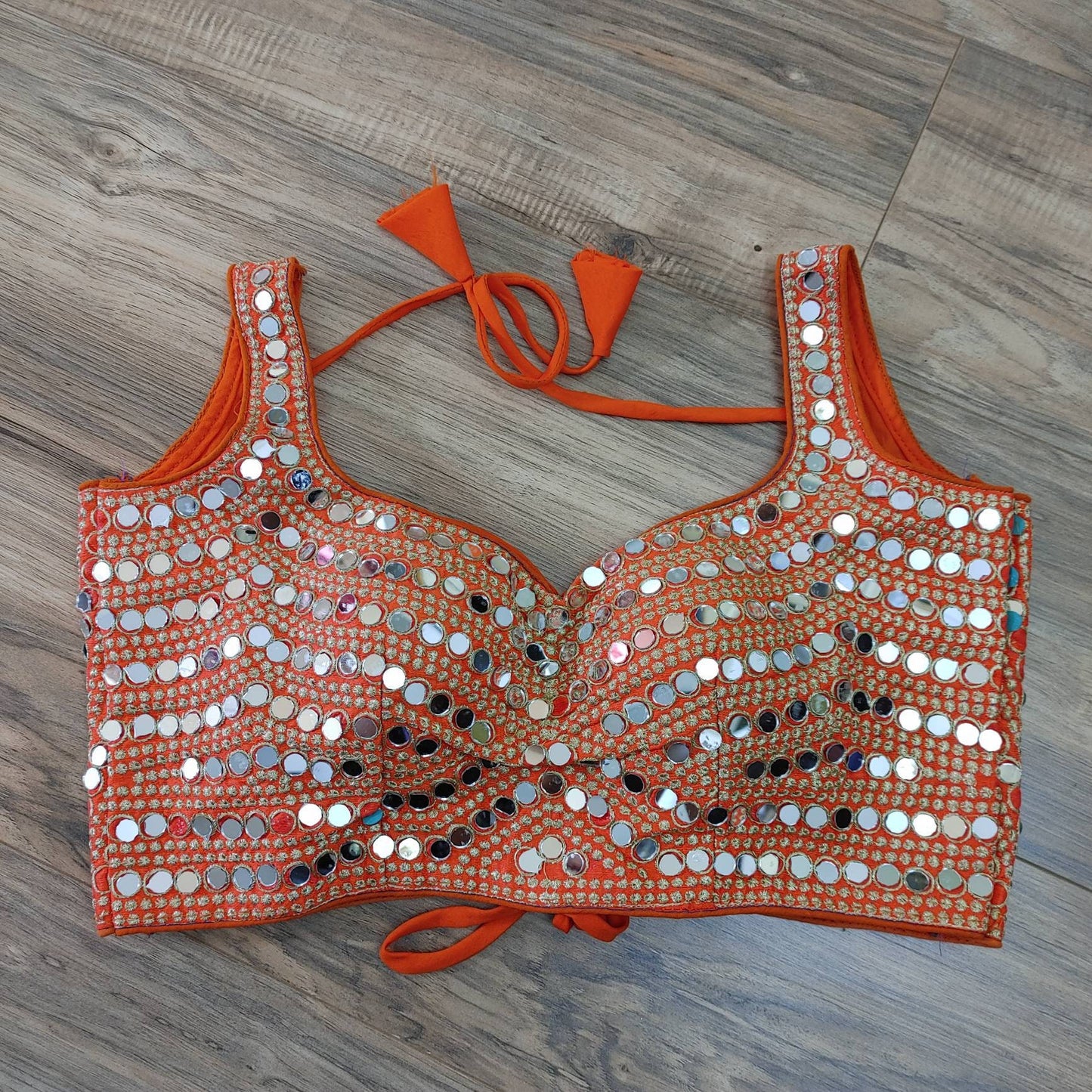 Orange Mirror Work Blouse, Golden wire Embroidery, Gujrati Real Mirror Work, Free Size 38/alter upto 42, Gorgeous Readymade Party Blouse