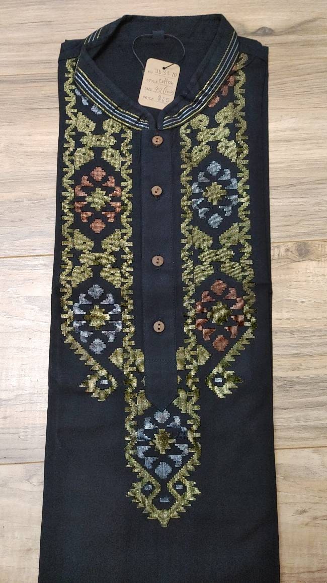 Pure Cotton Dhakai Jamdani Black Punjabi with 3 color jari work, Handloom, Comfortable, Elegant, Made in Dhaka, Bangladesh. Loose Fitting