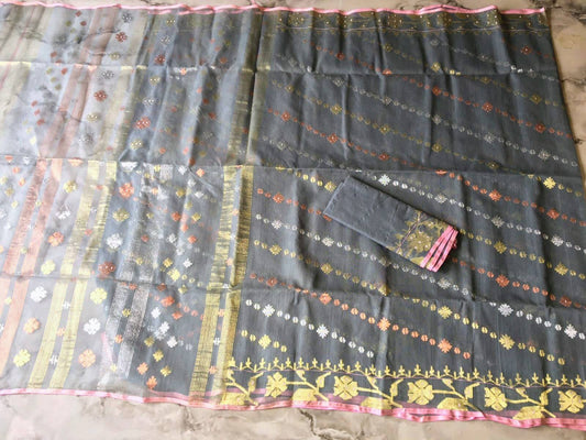 Original Dhakai Handloom Jamdani, Charcoal Black Jamdani Saree,84 Count Handloom, Halfsilk Multi Jari work Allover, Made in Dhaka,Bangladesh