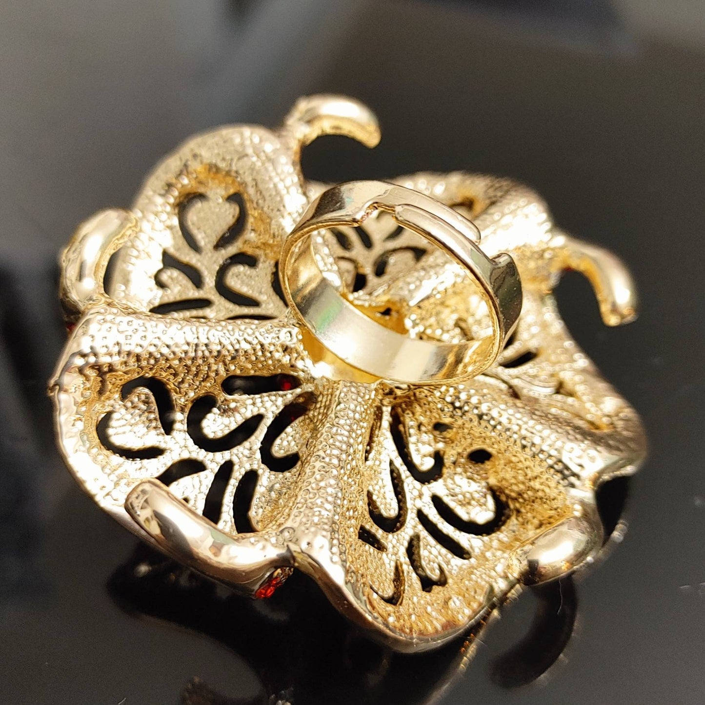 Women Finger Ring, Luxury Big Flower Zircon Rings, Women Indian Jewelry Classic Hollow Gold Color Adjustable Ring Female Gifts