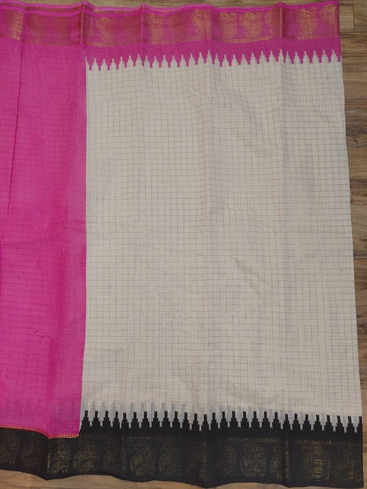 Madurai Cotton Saree, White With Black/Magenta Ganga Jamuna Border, Beautiful Off white body with check Jari, Perfect Party wear.