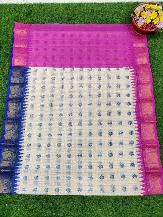 Madurai Cotton Saree, White With Blue/Magenta Ganga Jamuna Border and Hand Block , Beautiful Off white body with check Jari, Party wear.