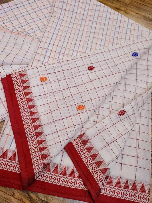 Nokshi Border Handwoven Cotton Saree. White with Beautiful Floral Red Border. Running Blouse Piece, Made in Tangail, Bangladesh