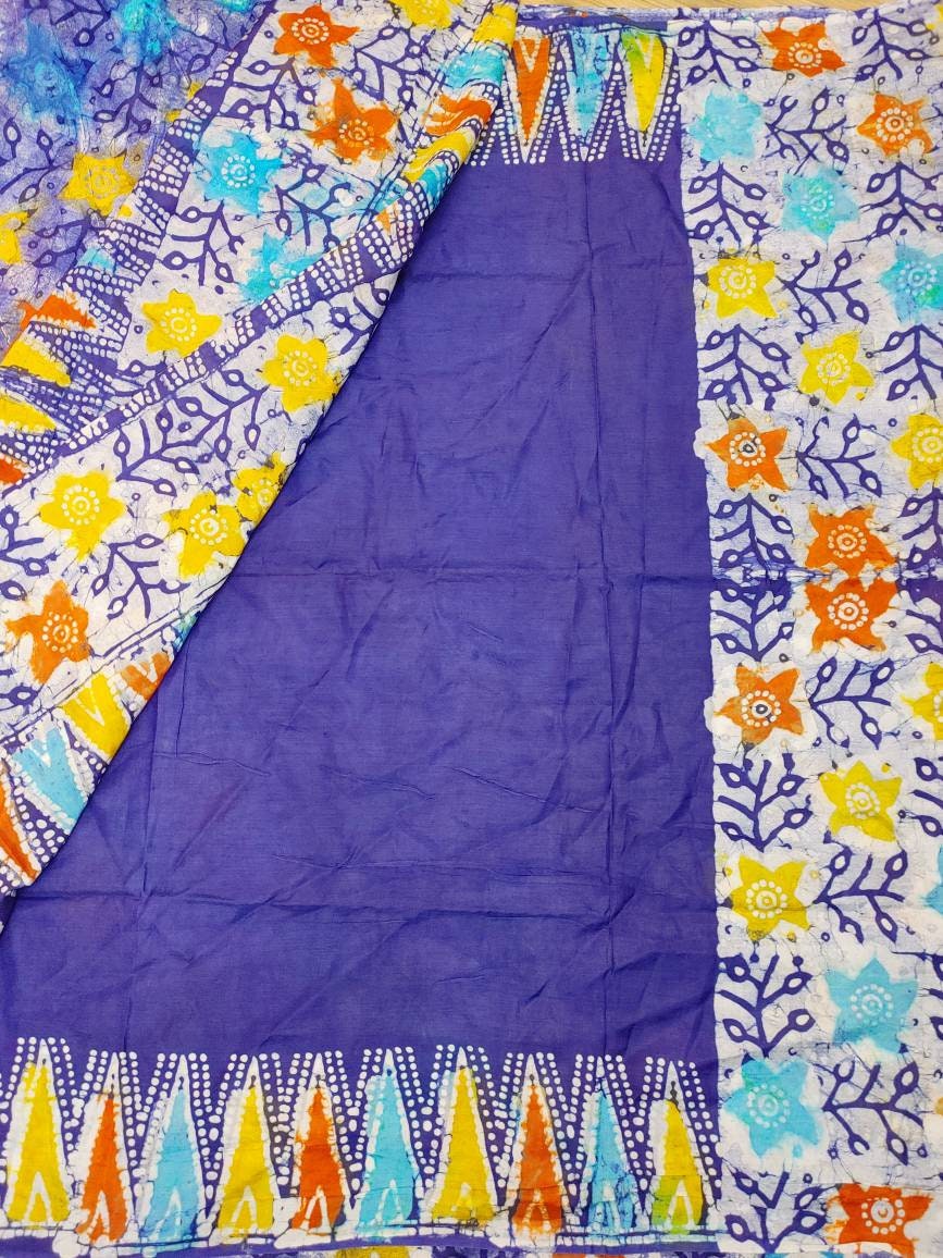 Silk Batik Saree, Hand Wax, Vegetable Died, beautiful Navy blue color contrast, Running blouse piece. Saree will be exactly like the picture