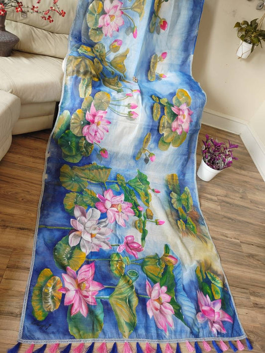 Handpainted Classy Saree, Exclusively Handpainted Lotus Pond with water color, Feel special with it