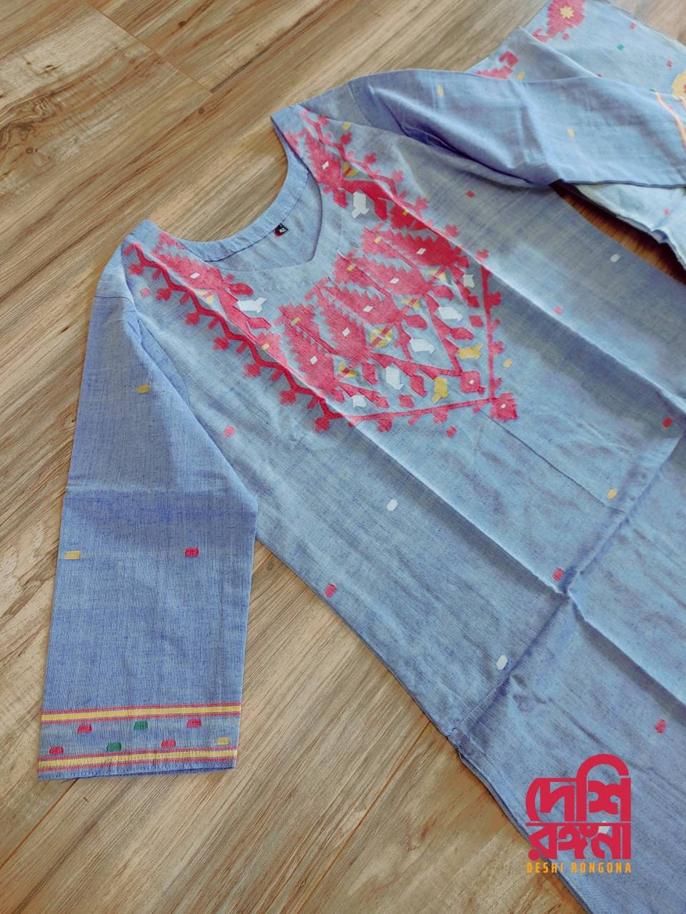 Dhakai Jamdani Dress, I'llHandloom Cotton 2 piece, Grayish blue and Red Combination, Soft, Comfortable Summer Wear. Kamij and Dupatta