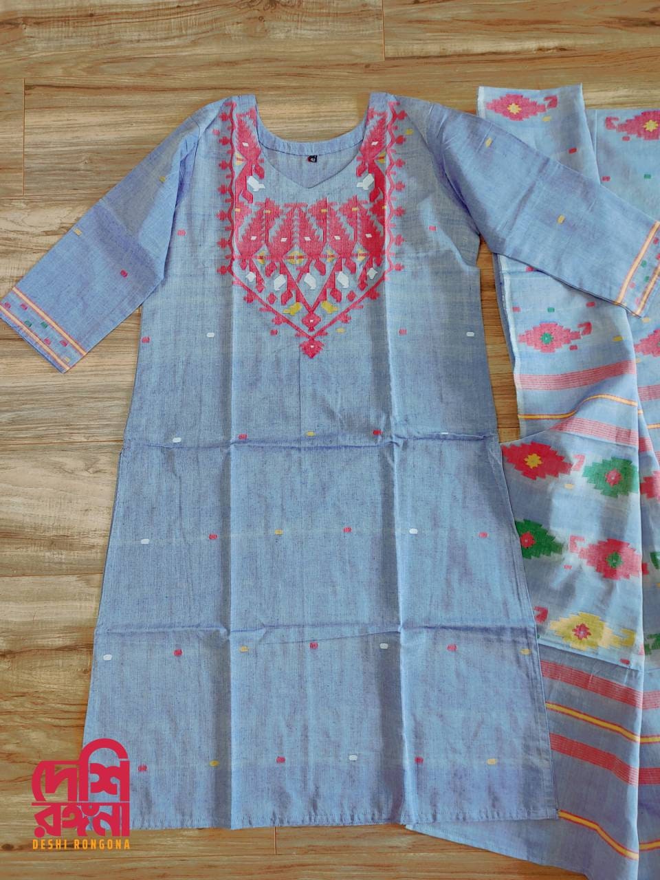 Dhakai Jamdani Dress, I'llHandloom Cotton 2 piece, Grayish blue and Red Combination, Soft, Comfortable Summer Wear. Kamij and Dupatta