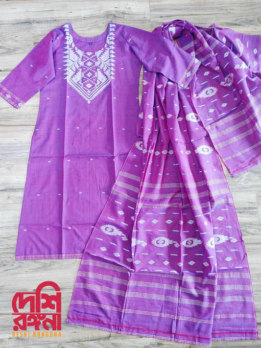 Dhakai Jamdani Dress, Original Handloom pure Cotton 2 piece, purple and white Combination, Soft, Comfortable Summer Wear. Kamij and Dupatta