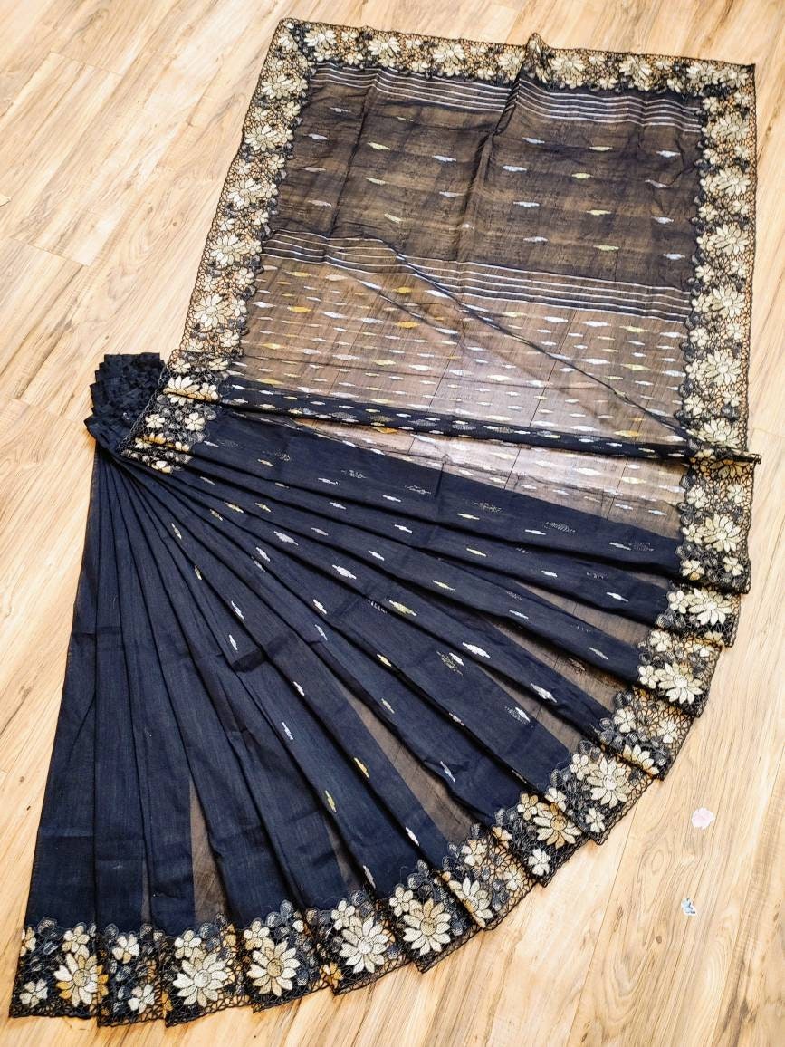 Original Dhakai Jamdani Saree, Black/Golden/Silver contrast Cutwork Embrodery on Handloom Jamdani, An Elegant Addition to our Collection