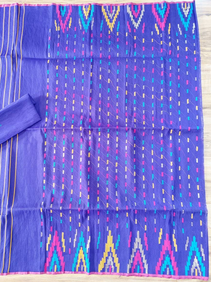 Original Dhakai Jamdani Saree Beautiful Violet/blue Contrast, Halfsilk, Handloom 60 count thread, Traditional, Elegant, Classy Saree