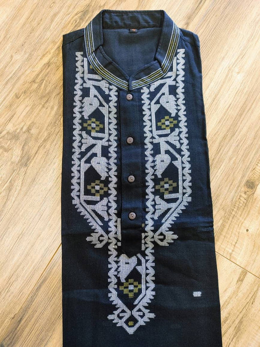 Original Dhakai Jamdani Punjabi, pure cotton, Black with white/Golden work, Handloom, Comfortable, Elegant, Made in Bangladesh, Loose Fit