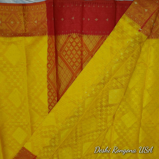 Semi Muslin-Cotton Jamdani, Tangail Jamdani Saree, Beautiful Yellow-Red Contrast,  Elegant,Classy Party Ware, Made in Tangail, Bangladesh