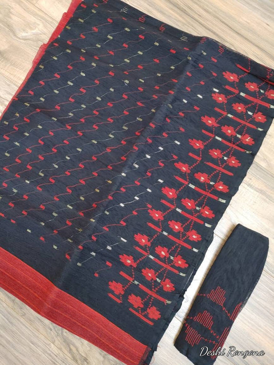 Original Dhakai Jamdani Saree, Black with Red Contrast work, Made in Bangladesh, Halfsilk,Handloom 40 count thread,Traditional,Classy Saree