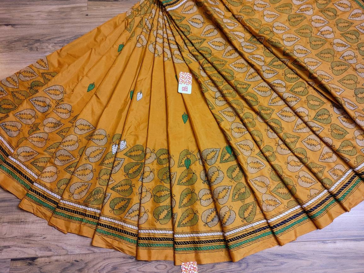 Exclusive Hand Stitched Kantha Saree, Yellow Bangalore Silk, White/Green Work, running blouse piece, Elegant, Classy and Extraordinary Saree