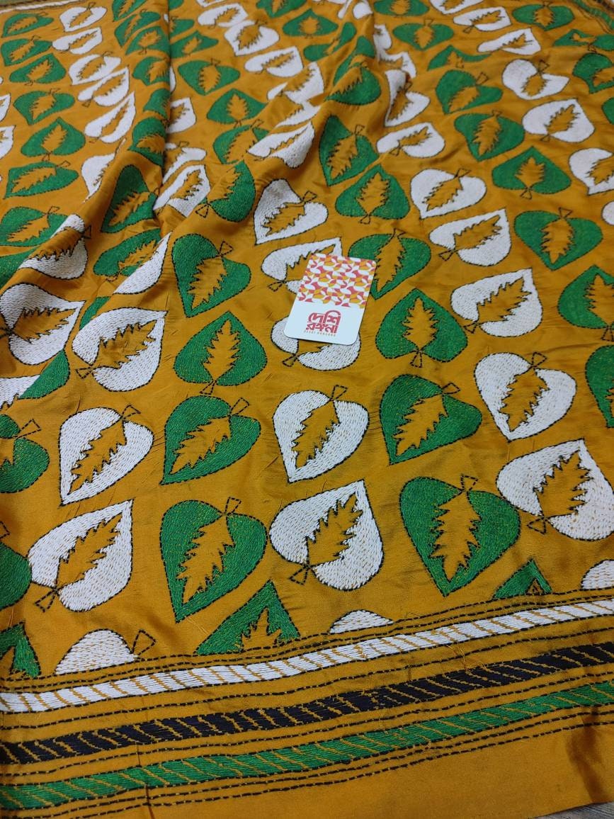 Exclusive Hand Stitched Kantha Saree, Yellow Bangalore Silk, White/Green Work, running blouse piece, Elegant, Classy and Extraordinary Saree