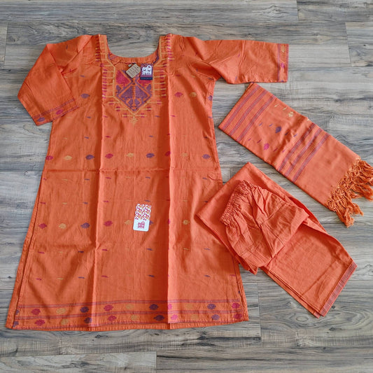 Oversize Handloom Dhakai Jamdani Cotton 3 piece, Orange Color with Golden Zari, Comfortable Summer Wear, Kamij-Dupatta-Salwar