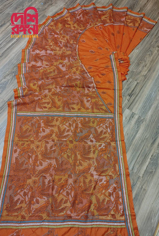 Extraordinary Hand Stiched Kantha Saree,Orange Bangalore Silk with Love Birds theme Kantha Works, running blouse piece, Elegant,Classy Saree