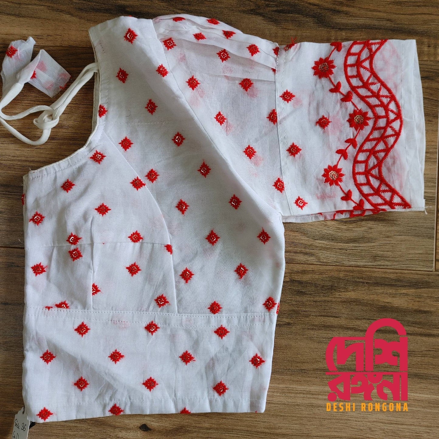 White-Red Cotton Blouse, Durga Puja Theme Readymade Blouse, Size 34-40, Comfortable, goes with any contrast saree collection of your closet