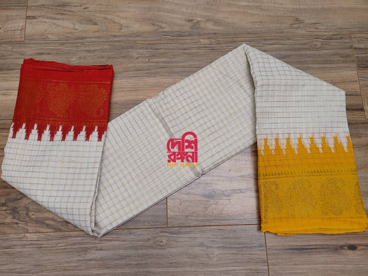 Madurai Cotton Saree, White With Red/Yellow Ganga Jamuna Border, Beautiful Off white body with check Jari, Perfect Party wear.