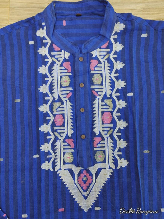 Pure Cotton Dhakai Jamdani Royal Blue Punjabi, Stripe Punjabi Fashion, Handloom, Comfortable, Elegant, Made in Dhaka, Bangladesh, Loose Fit