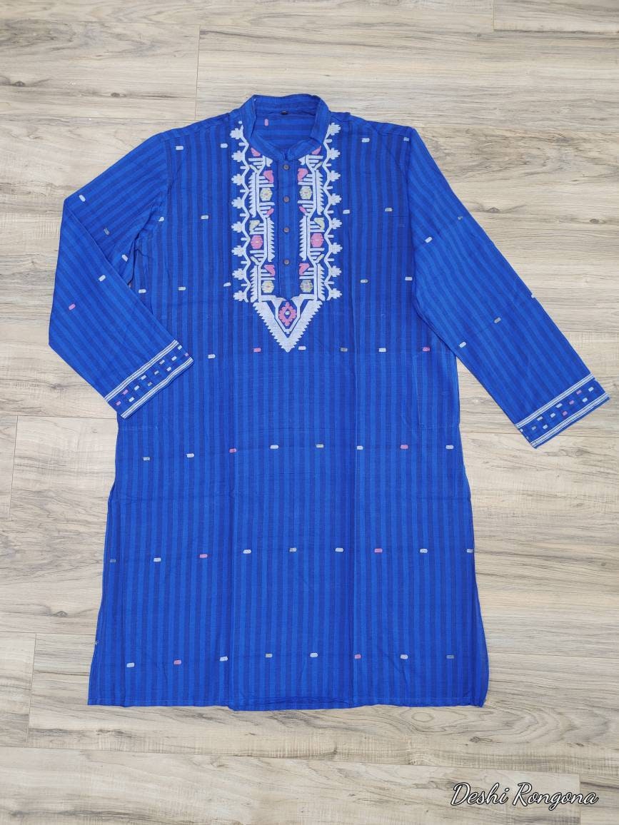 Pure Cotton Dhakai Jamdani Royal Blue Punjabi, Stripe Punjabi Fashion, Handloom, Comfortable, Elegant, Made in Dhaka, Bangladesh, Loose Fit