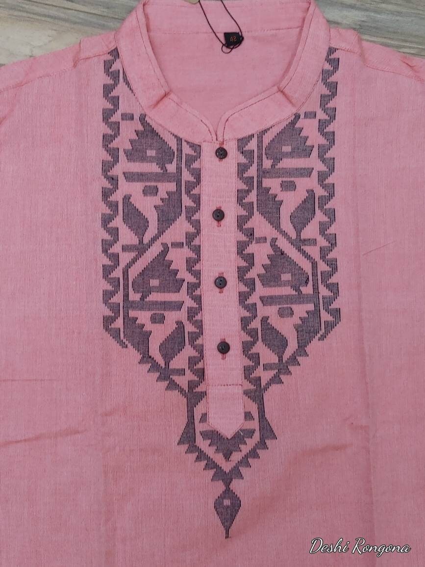 Dhakai Jamdani Tosshor Silk Punjabi, Pink and Black contrast, Loose Fit,Comfortable, Elegant and Classy, Handmade from Scratch in Bangladesh