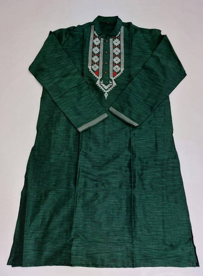 Dhakai Jamdani Tosshor Silk Punjabi, Deep Green with Red- White Thread Work, Comfortable, Classy, Handmade from Scratch in Bangladesh