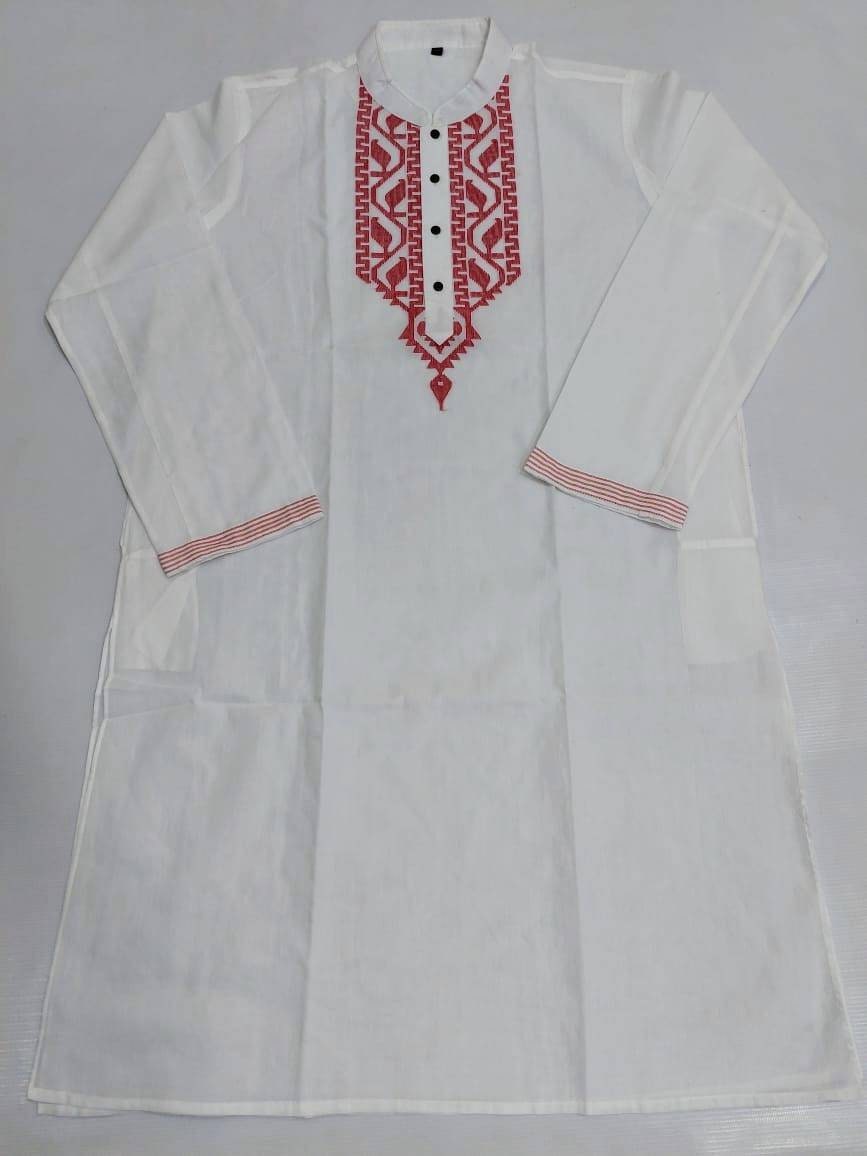 Cotton Dhakai Jamdani White Red Punjabi, Handloom, Comfortable, Elegant, Made in Dhaka, Bangladesh. Aarong Loose Fitting Size 34 to 48