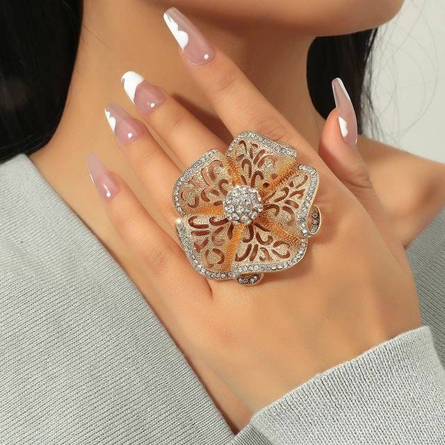 Women Finger Ring, Luxury Big Flower Zircon Rings, Women Indian Jewelry Classic Hollow Gold Color Adjustable Ring Female Gifts