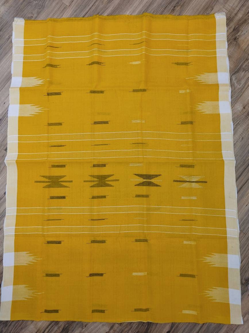 Sylheti Original Monipuri Handwoven Soft Cotton Saree, Yellow with White Hand Woven Border, Bangladeshi, Traditional Comfortable Saree
