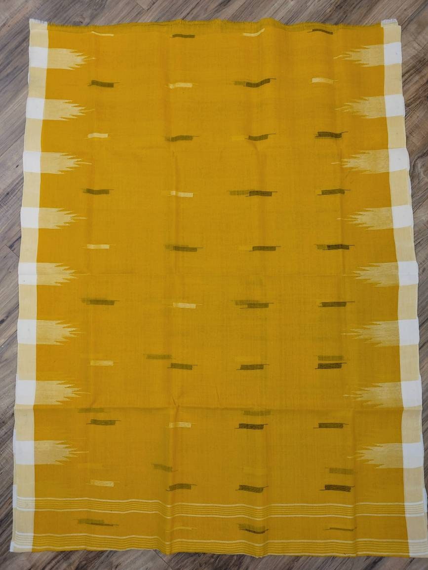 Sylheti Original Monipuri Handwoven Soft Cotton Saree, Yellow with White Hand Woven Border, Bangladeshi, Traditional Comfortable Saree