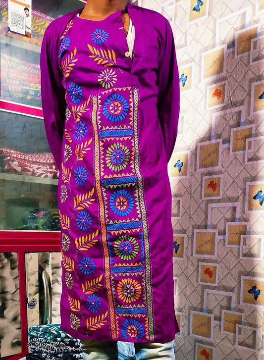 Puja Special Punjabi, Hand Kantha Stitch Cotton Punjabi, Kurtas for Men, Indian Bengali Traditional Dress, Size 40 (Slim)
