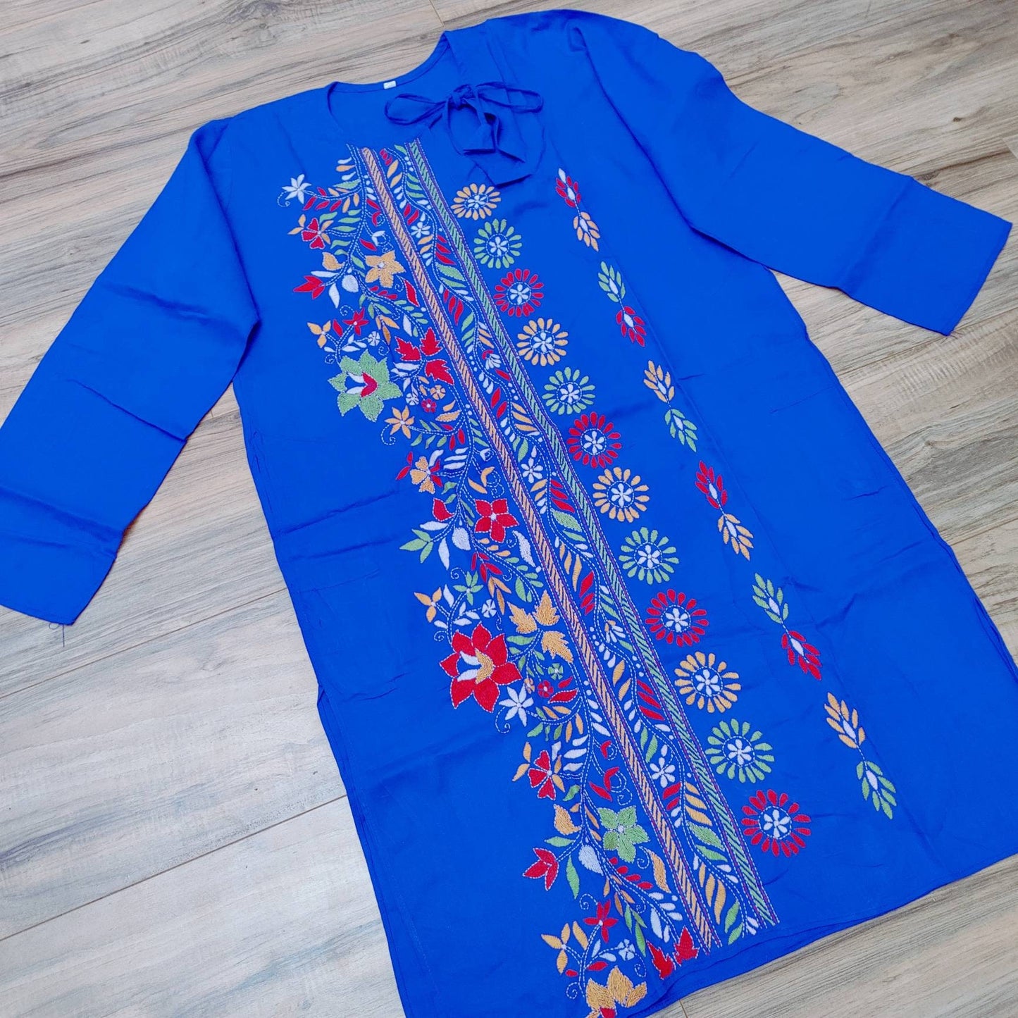 Blue Punjabi, Puja Special Punjabi, Hand Kantha Stitch Cotton Punjabi, Kurtas for Men, Indian Bengali Traditional Dress, Size 44 (Slim)