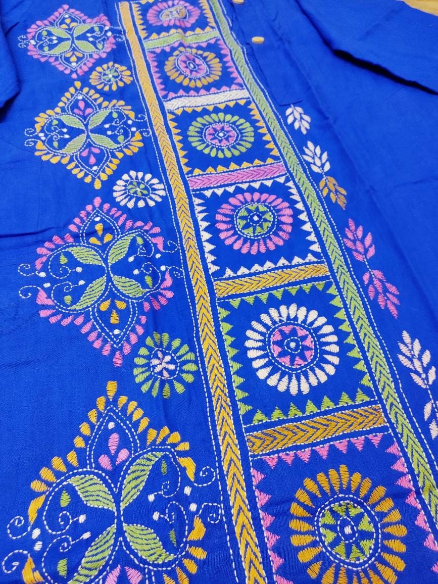 Blue Punjabi, Puja Special Punjabi, Hand Kantha Stitch Cotton Punjabi, Kurtas for Men, Indian Bengali Traditional Dress, Size 42 (Slim)