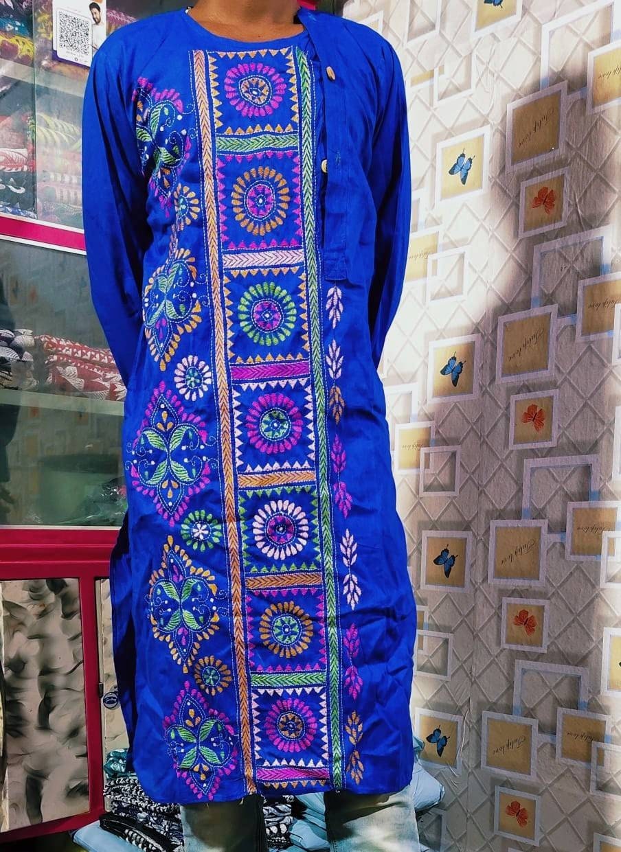 Blue Punjabi, Puja Special Punjabi, Hand Kantha Stitch Cotton Punjabi, Kurtas for Men, Indian Bengali Traditional Dress, Size 42 (Slim)