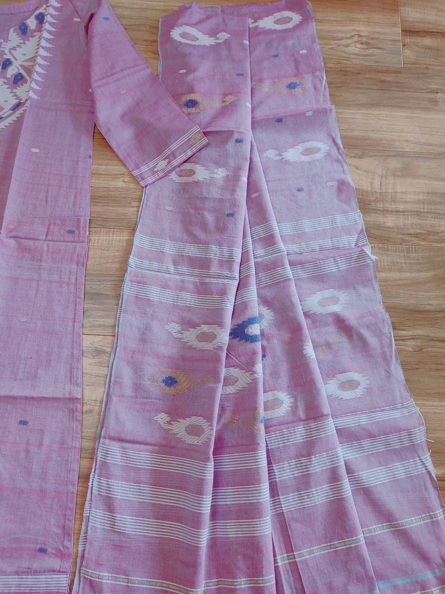 Dhakai Jamdani Dress, Original Handloom pure Cotton 2 piece, Pink and White Combination, Soft, Comfortable Summer Wear. Kamij and Dupatta