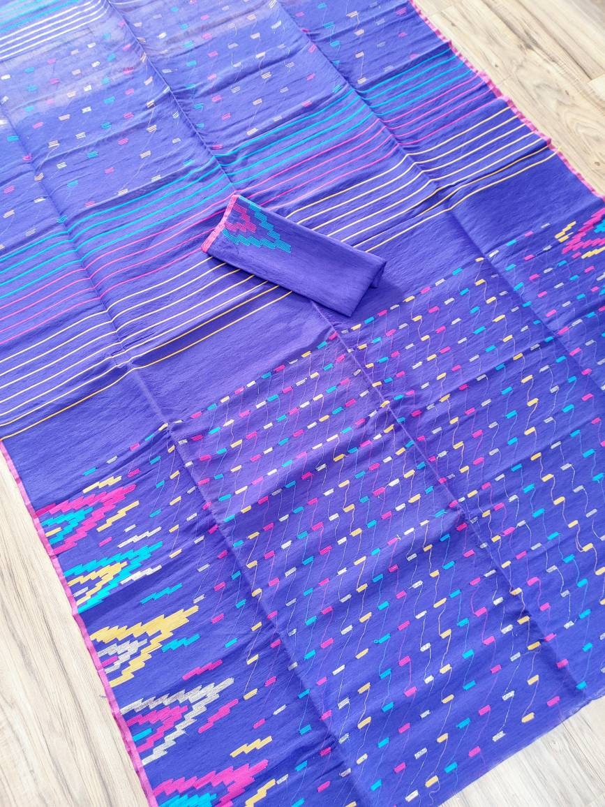 Original Dhakai Jamdani Saree Beautiful Violet/blue Contrast, Halfsilk, Handloom 60 count thread, Traditional, Elegant, Classy Saree