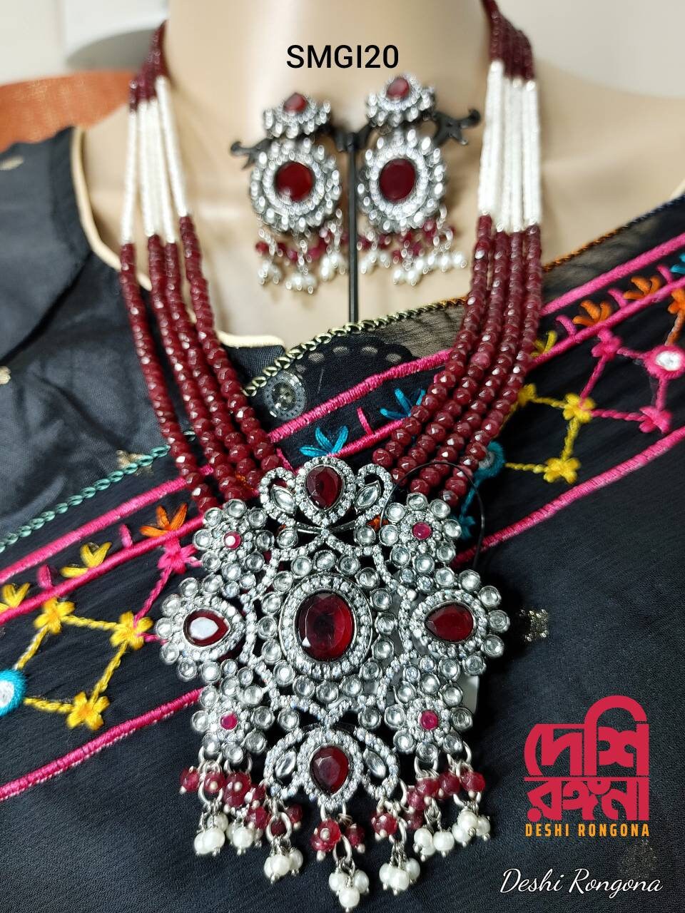 Victorian Long Necklace Set, Indian Wedding Necklace set, Maroon AD stone, Crystal, Designer Antique Fashion, Traditional Wedding Jewellery