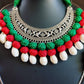 Oxidized Shell Necklace Set, Red/Green/White, Hand Crafted, Immaculate 100% Natural Snail Shell, Jute ball Vintage Style Handmade Jewelry