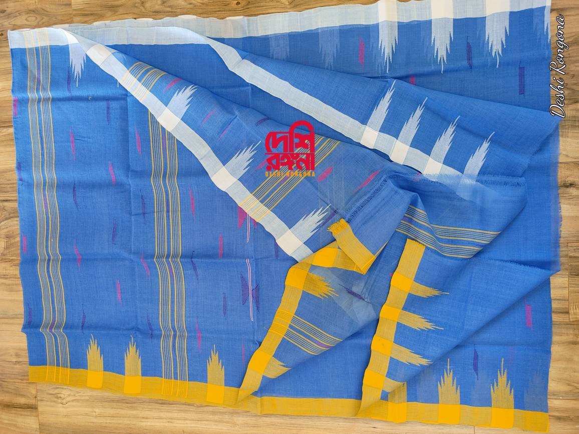 Sylheti Original Monipuri Handwoven Soft Cotton Saree, Blue with Yellow/White Ganga Jamuna Woven Border,Bangladeshi,Traditional Saree