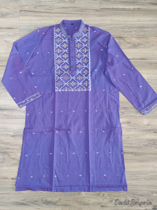 Original Dhakai Jamdani Men Punjabi, Purple with white and golden work ,Handloom, Comfortable, Elegant, Made in Dhaka, Bangladesh,Loose Fit