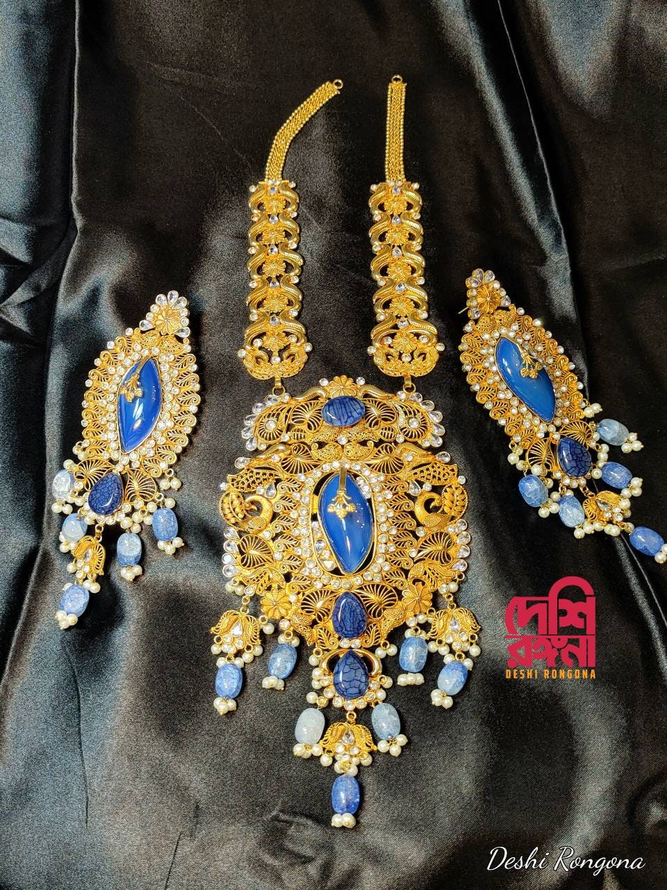 Extraordinary Bridal Necklace Set, 22K Gold Plated, Blue Akik/Agate, Designer Wedding Jewelry, Indian, Pakistani, Sabyasachi Bollywood Style