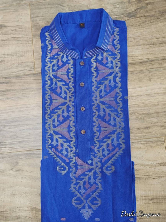 Original Dhakai Jamdani Royal Blue Punjabi, Pure Cotton, Handloom, Comfortable, Elegant, Made in Dhaka, Bangladesh, Loose Fitting