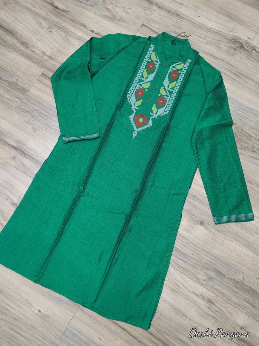 Dhakai Jamdani Tosshor Silk Green Punjabi, with multi thread work,Loose Fit,Comfortable, Elegant,Classy, Handmade from Scratch in Bangladesh